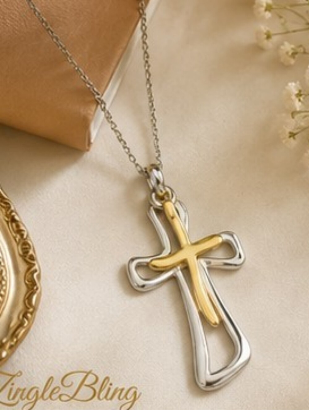Two Tone Articulated Cross Necklace Rhodium Over Stainless Steel 18" + 2" Ext.